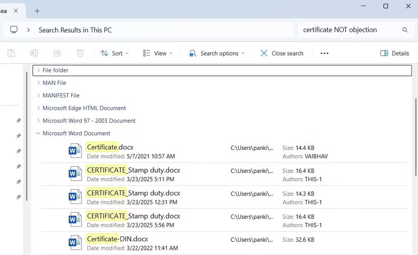 Tìm kiếm File Explorer bằng toán tử NOT trên Windows