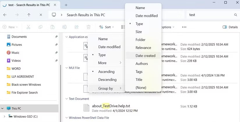 File Explorer hiển thị tùy chọn Group by trên Windows