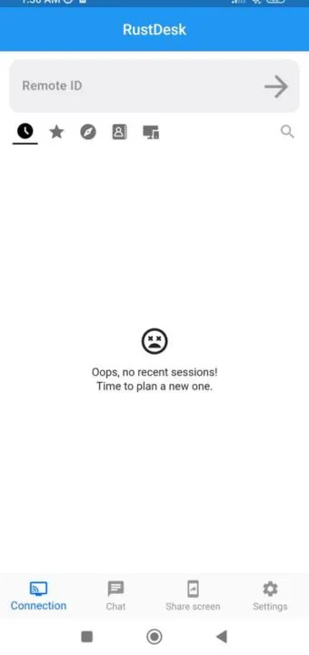 Giao diện di động Rustdesk hiển thị tùy chọn chèn ID