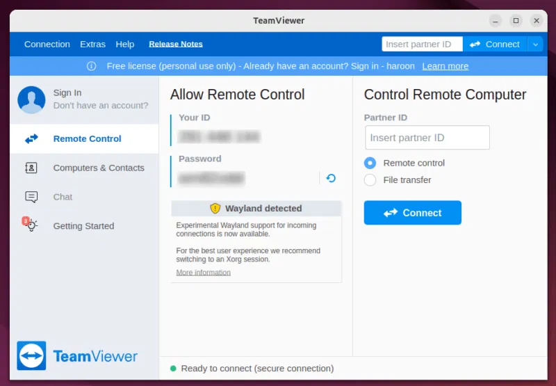 Khởi chạy giao diện chính của Teamviewer trên Linux