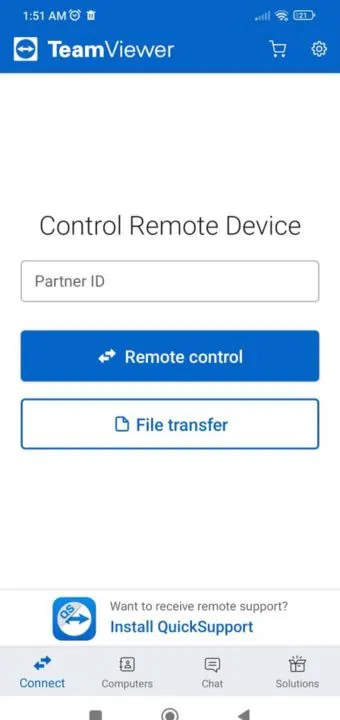Giao diện ứng dụng di động Teamviewer hiển thị các tùy chọn kết nối