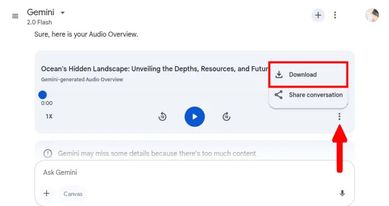 Tải xuống Audio Overview trong Gemini