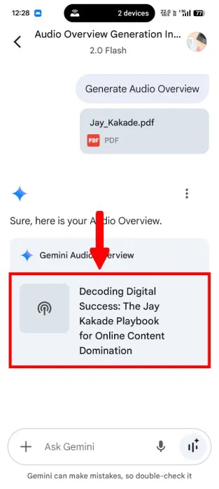 Audio Overview được tạo trong ứng dụng Gemini