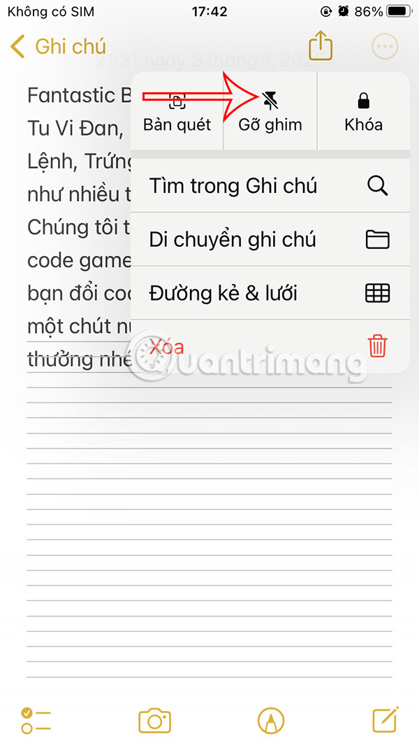 Bỏ ghim ghi chú iPhone