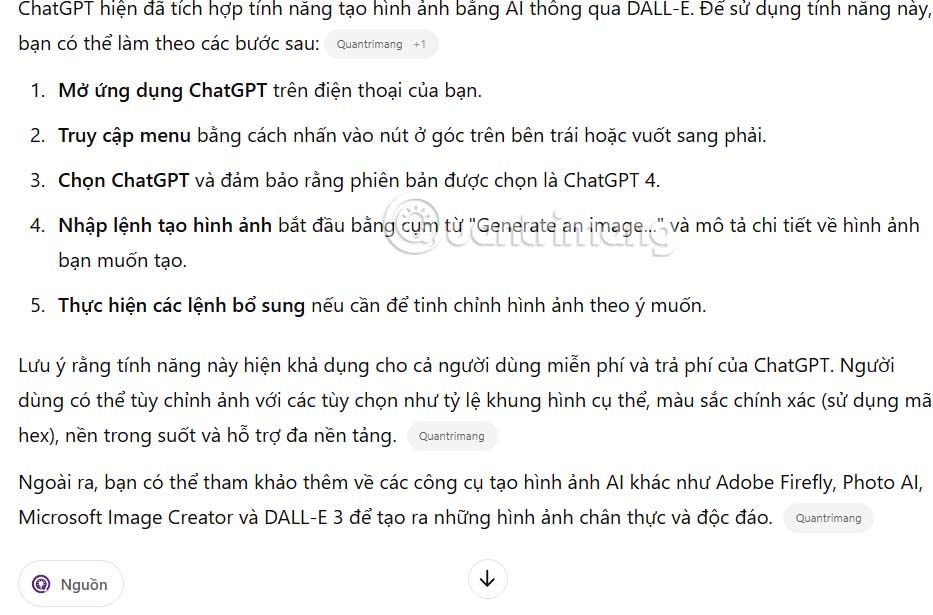 Nội dung tìm kiếm từ trang web trên ChatGPT