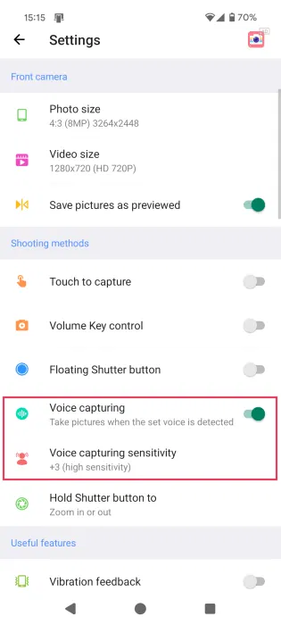 Bật Voice capturing và xem tùy chọn Voice capturing sensitivity trong ứng dụng Fast Snap.