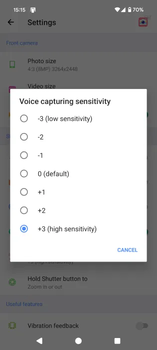 Tùy chọn Voice capturing sensitivity trong ứng dụng Fast Snap.
