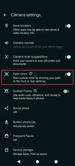 Bật tùy chọn Palm Timer trong ứng dụng camera Pixel.