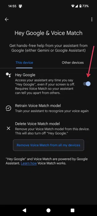 Kiểm tra xem nút chuyển "Hey Google" có bật trong cài đặt Android không.