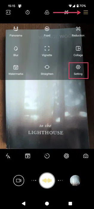 Nhấn vào tùy chọn Setting trong ứng dụng Fast Snap.