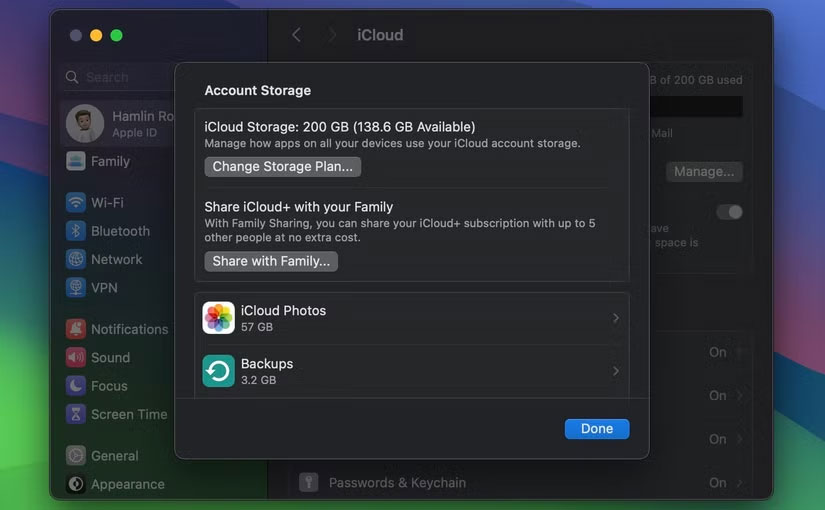 Menu iCloud Account Storage trong macOS