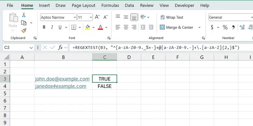 Hàm REGEXTEST trong Excel.