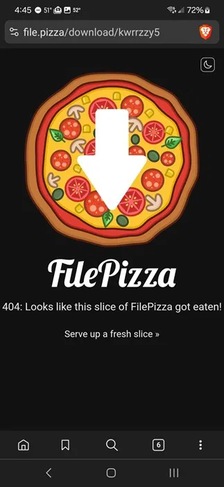 Thông báo lỗi trên FilePizza.
