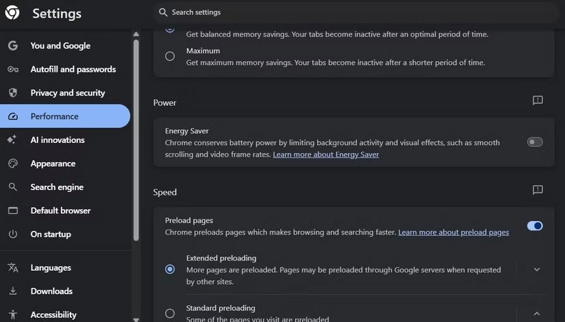 Google Chrome hiển thị tùy chọn Energy Saver đã tắt