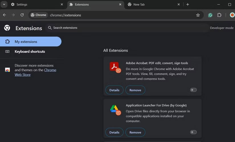 Menu tiện ích mở rộng trong Google Chrome