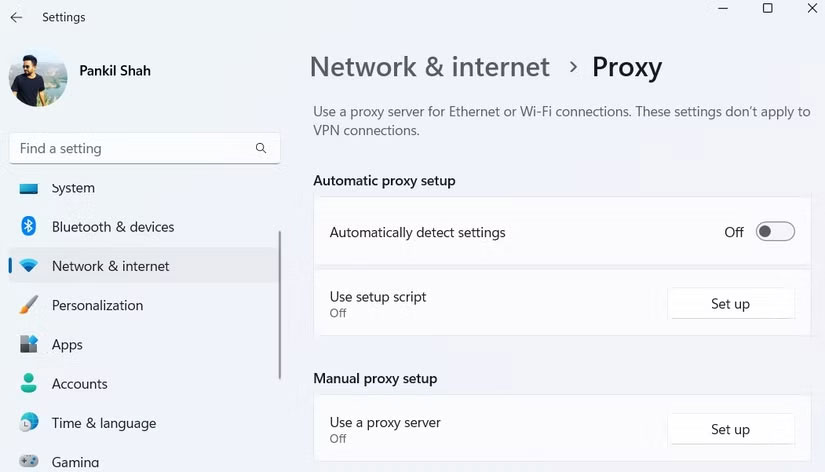 Ứng dụng Settings Windows 11 hiển thị nút chuyển đổi cài đặt proxy tự động đã tắt