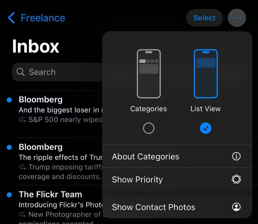 Ứng dụng iOS Mail trong 18.5 beta 1 hiển thị tùy chọn Show Contact Photos, Priority, v.v...