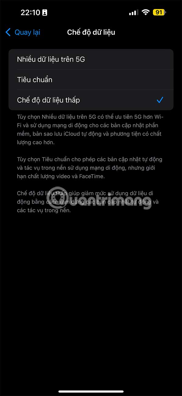 Bật chế độ dữ liệu thấp trên iPhone