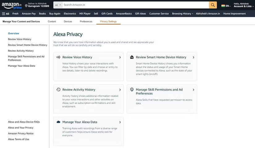 Cài đặt quyền riêng tư của Alexa trên Amazon.com