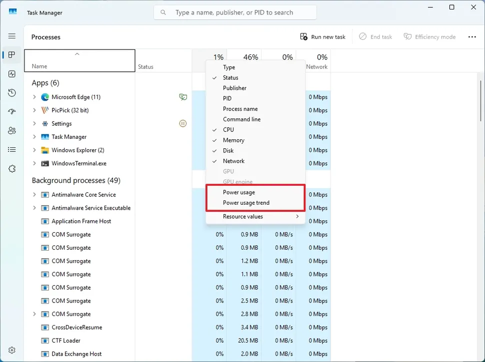 Tùy chọn Power usage của Task Manager