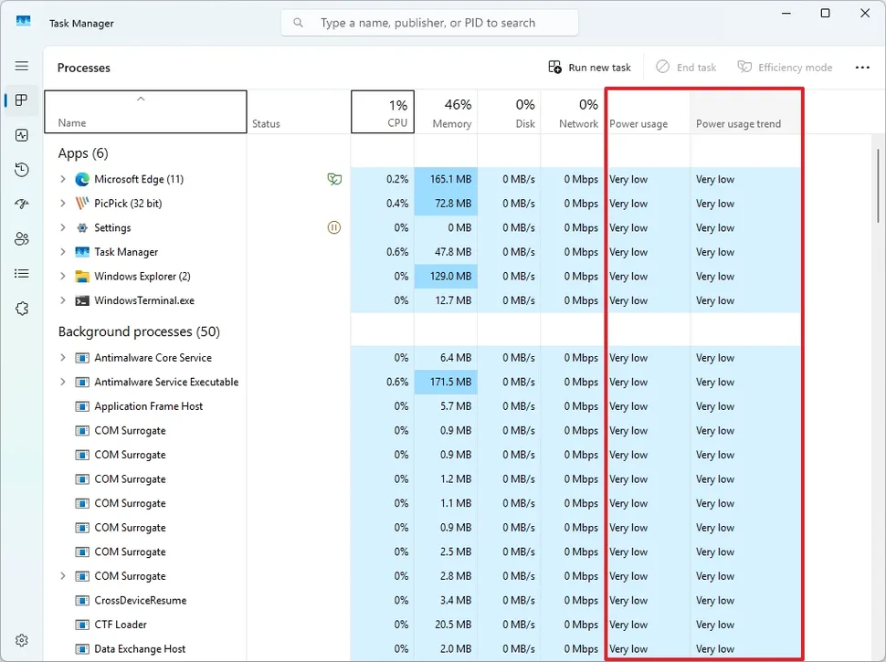 Task Manager kiểm tra mức sử dụng năng lượng của ứng dụng