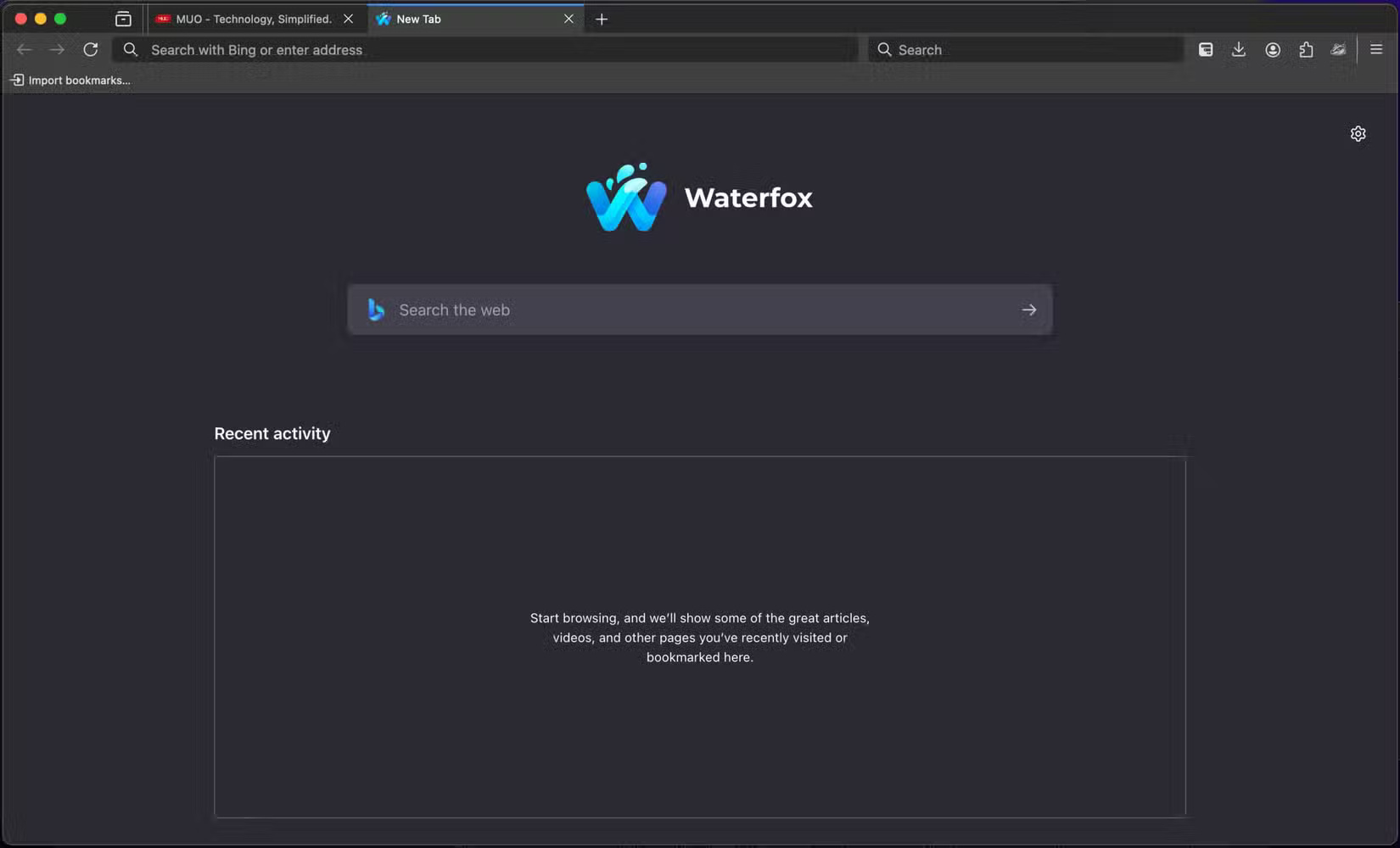 Tab mới của trình duyệt Waterfox trên máy Mac