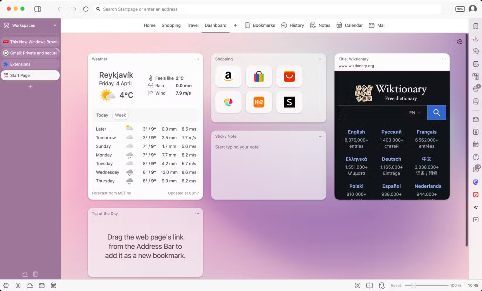 Cửa sổ tab mới của trình duyệt Vivaldi với bảng điều khiển trong chế độ xem
