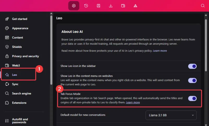 Bật Tab Focus Mode Brave