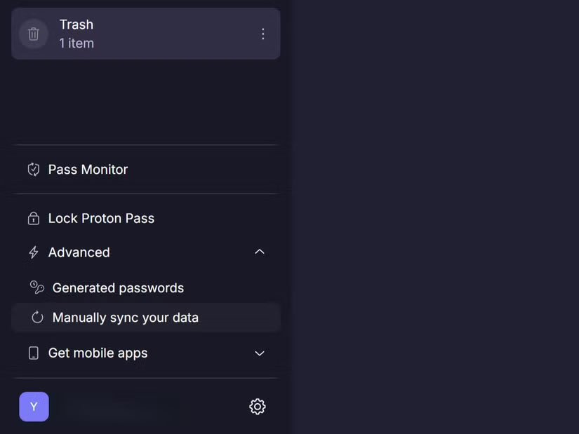 Tùy chọn đồng bộ hóa dữ liệu theo cách thủ công trong thanh bên Proton Pass.