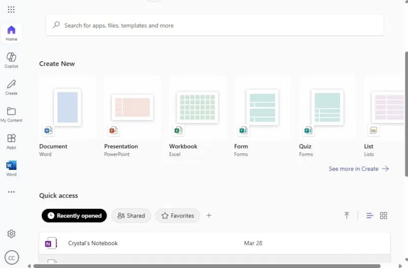 Bảng điều khiển của phiên bản miễn phí Microsoft 365.