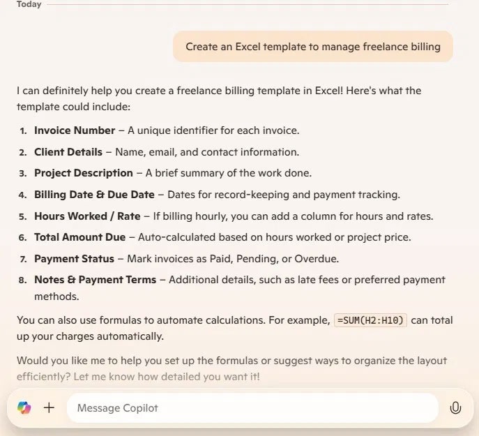 Sử dụng Copilot để tạo template Excel.