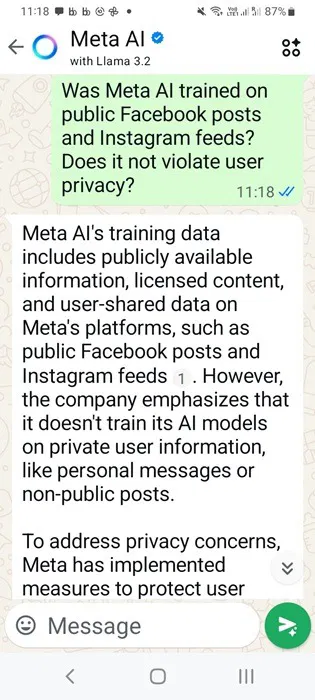 WhatsApp Meta AI sử dụng nguồn cấp dữ liệu Facebook và Instagram để đào tạo.