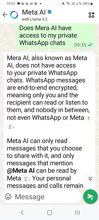 Chatbot Meta AI nói rằng nó không có quyền truy cập vào các cuộc trò chuyện riêng tư của người dùng.