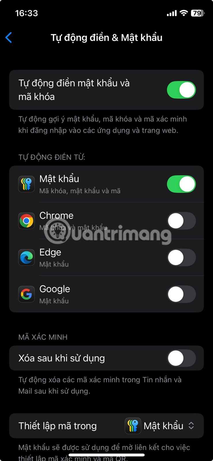 Bật tùy chọn Tự động điền mật khẩu và mã khóa trong Cài đặt iPhone.