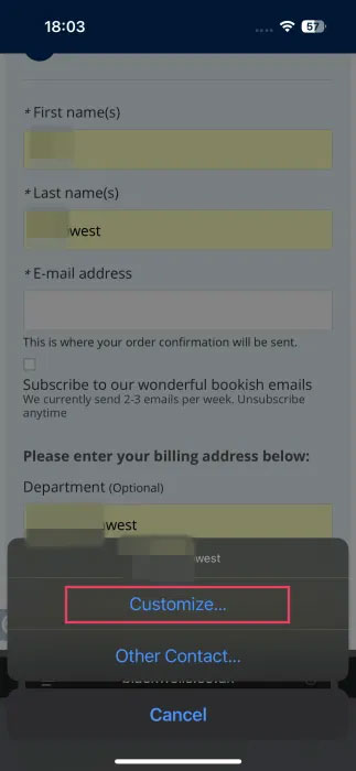 Nhấn vào tùy chọn Tùy chỉnh khi sử dụng Tự động điền trên iPhone.