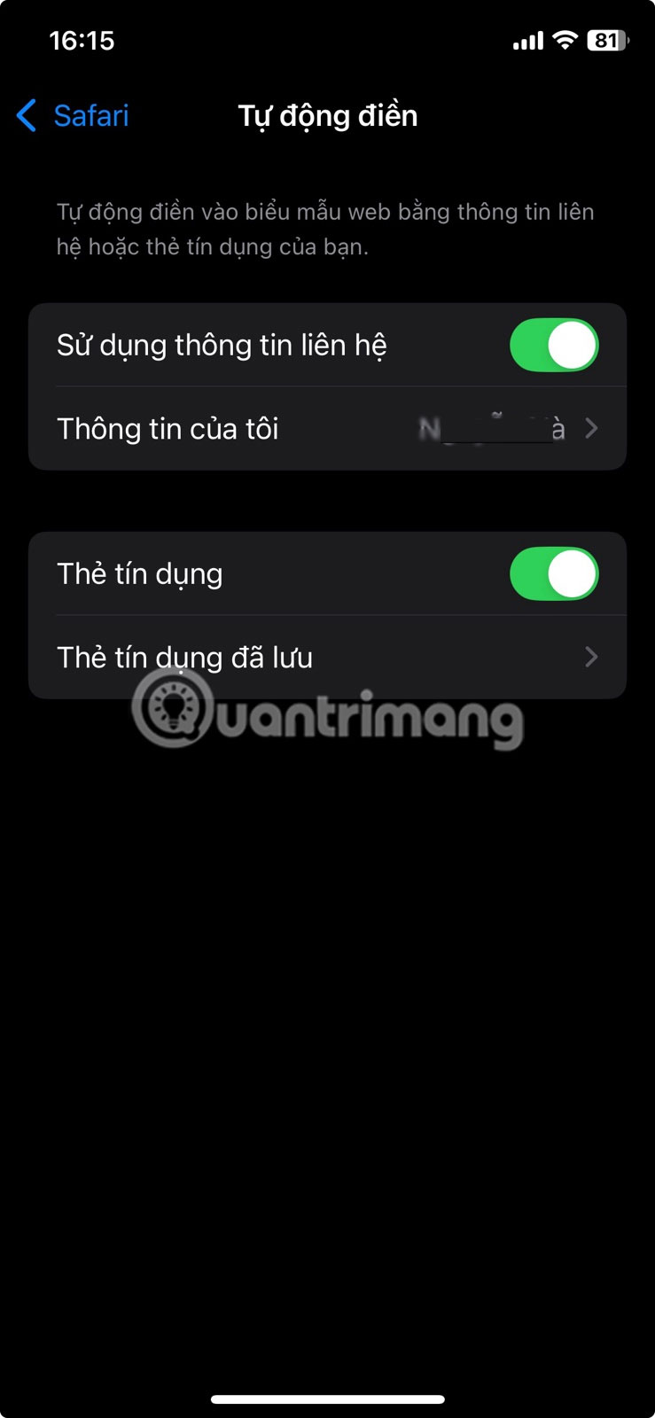 Bật Sử dụng thông tin liên hệ và thiết lập liên hệ Thông tin của tôi trong Cài đặt iPhone.