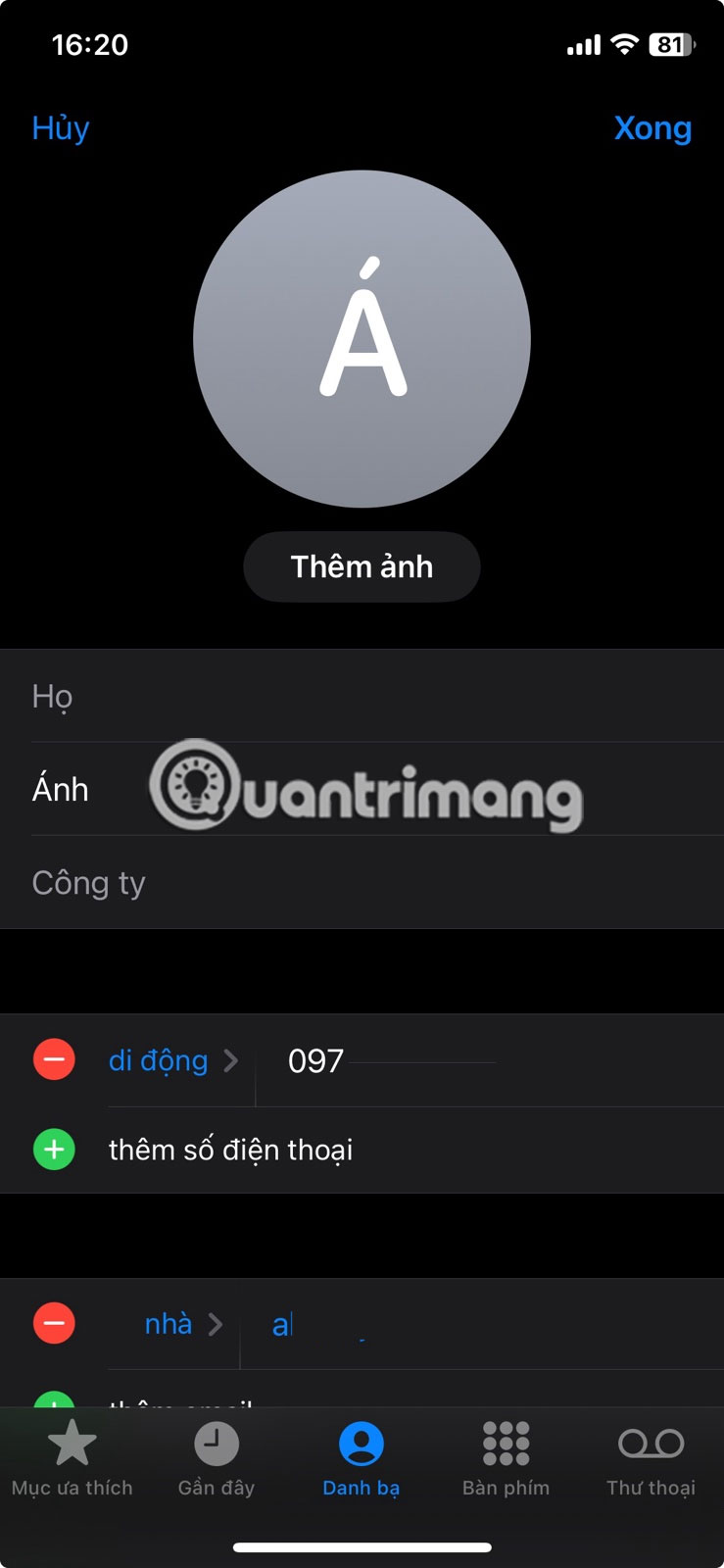 Lưu thông tin cho danh bạ trên iPhone.