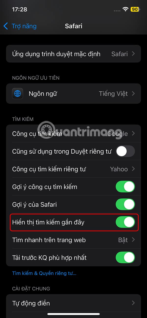 Hiện tìm kiếm gần đây trên Safarai