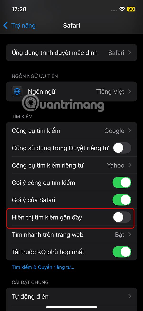 Tắt tìm kiếm gần đây trên Safari