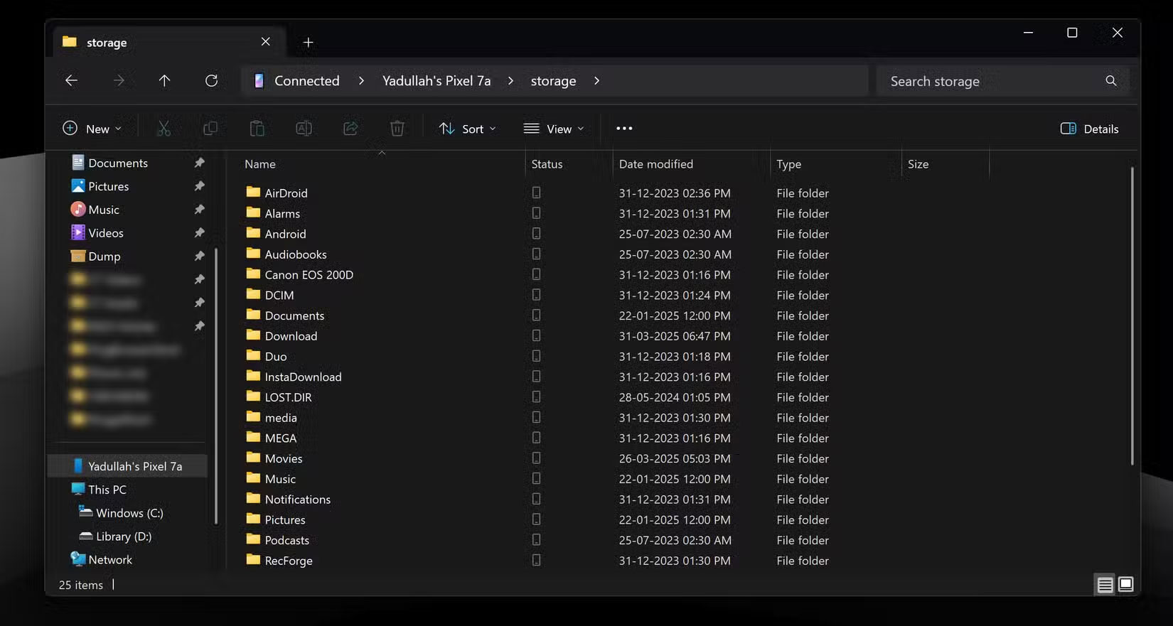 Dung lượng lưu trữ điện thoại được kết nối trong Windows Explorer