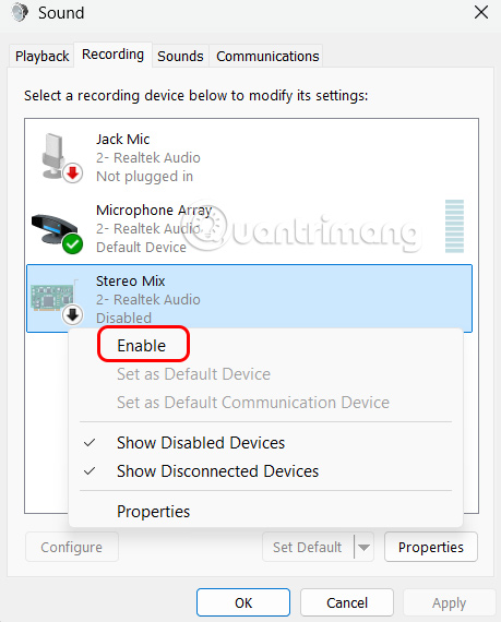 Click hoạt Stereo Mix Windows 11