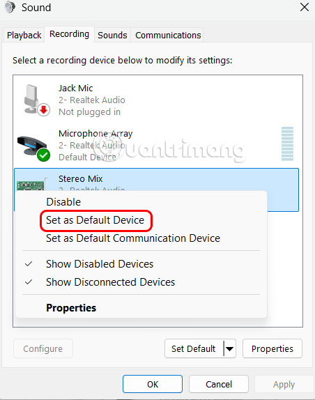 Đặt mặc định Stereo Mix Windows 11