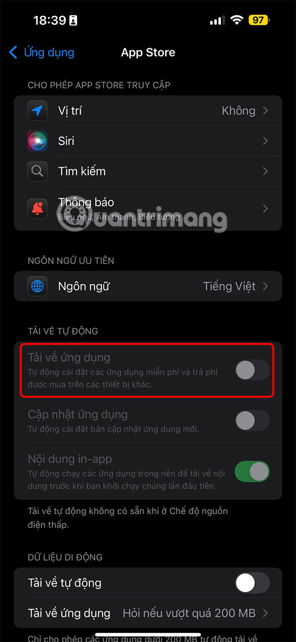 Tắt tự động tải app từ App Store