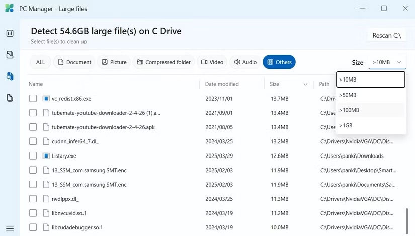 PC Manager hiển thị danh sách các file lớn