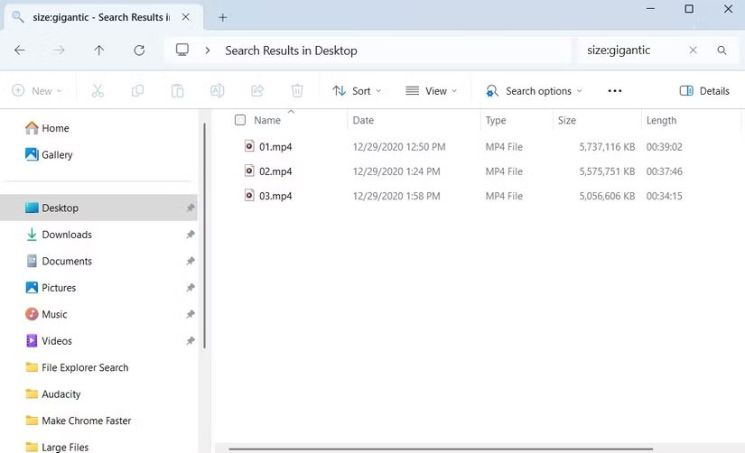 Windows File Manager hiển thị các file lớn