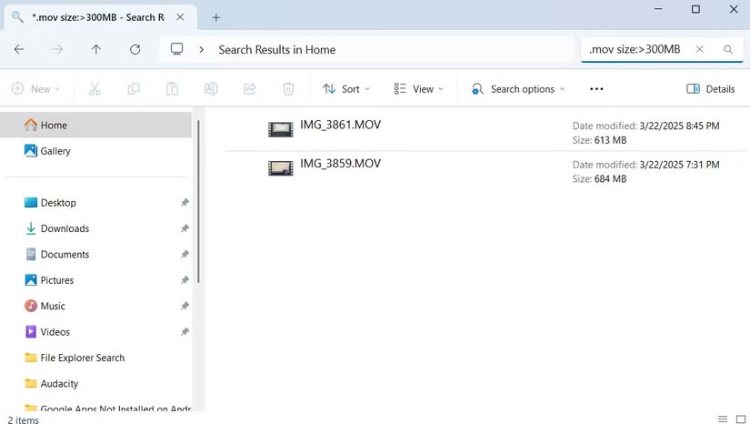 File Manager hiển thị các file phim lớn hơn 300 MB