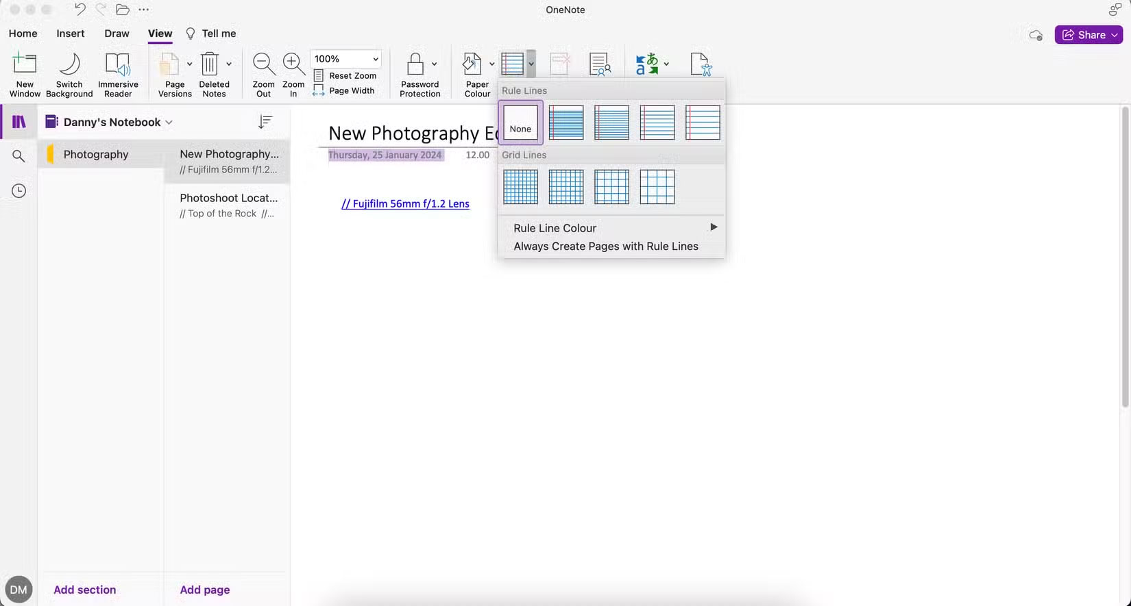 Các tùy chọn kiểu giấy khác nhau trong Microsoft OneNote