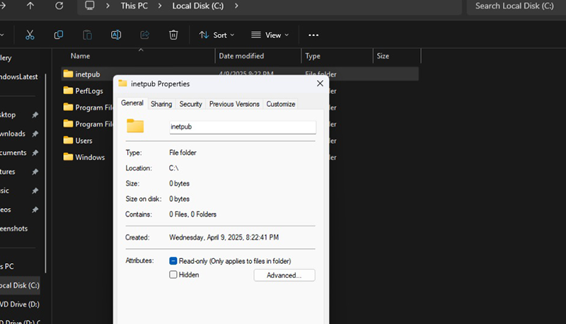 Microsoft cảnh báo không được xóa thư mục “inetpub” trên Windows 11