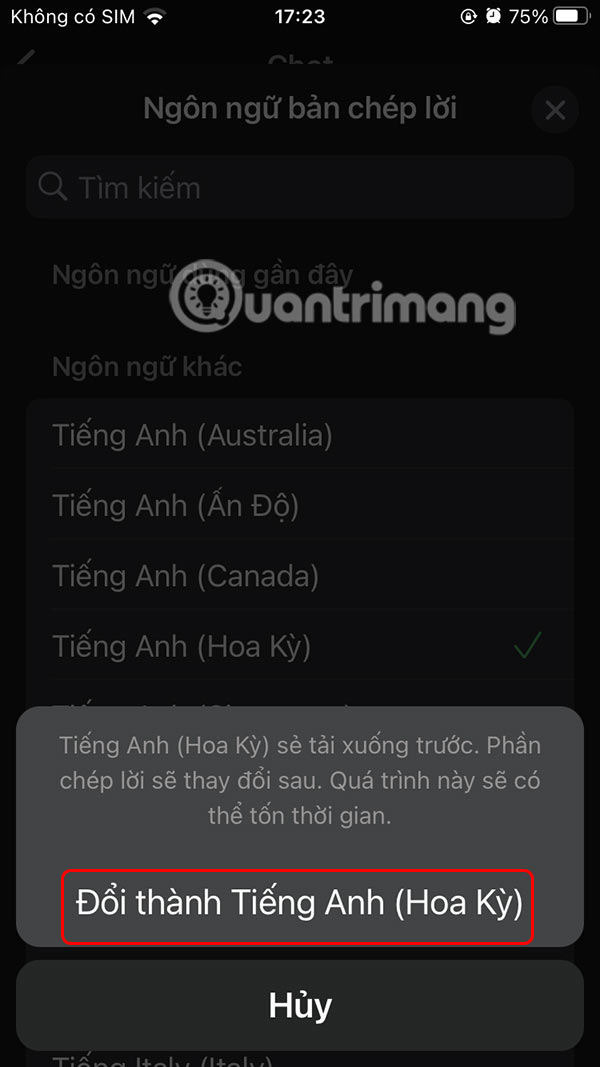 Chọn ngôn ngữ bản ghi tin nhắn thoại WhatsApp