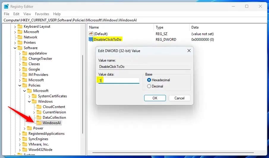 Cách bật Click to Do bằng Registry Editor